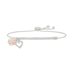 1/10 CT. T.W. Diamond &quot;nana&quot; Flower and Heart Charm Bolo Bracelet in Sterling Silver and 10K Rose Gold - 9.0&quot;