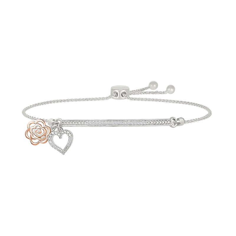 Main Image 1 of 1/10 CT. T.W. Diamond &quot;nana&quot; Flower and Heart Charm Bolo Bracelet in Sterling Silver and 10K Rose Gold - 9.0&quot;