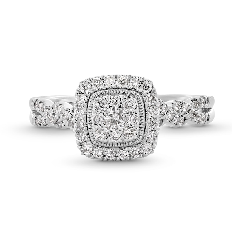 1/2 CT. T.W. Cushion-Shaped Multi-Diamond Frame Twist Shank Engagement Ring in 10K White Gold