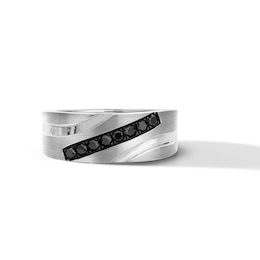 1/3 CT. T.W. Black Diamond Slant Groove Anniversary Band in Sterling Silver