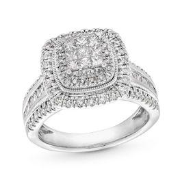 1 CT. T.W. Princess-Cut Multi-Diamond Double Cushion Frame Triple Row Engagement Ring in 10K White Gold