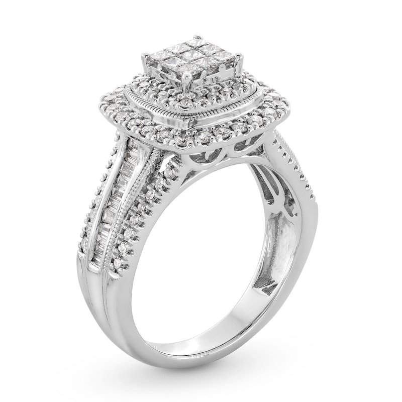 1 CT. T.W. Princess-Cut Multi-Diamond Double Cushion Frame Triple Row Engagement Ring in 10K White Gold