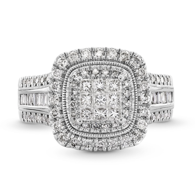 1 CT. T.W. Princess-Cut Multi-Diamond Double Cushion Frame Triple Row Engagement Ring in 10K White Gold