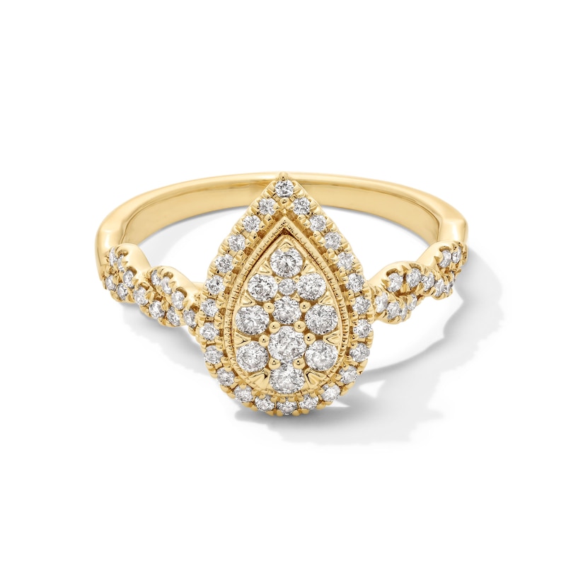 Main Image 1 of 1/2 CT. T.W. Pear-Shaped Multi-Diamond Frame Twist Shank Engagement Ring in 10K Gold