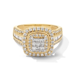 1 CT. T.W. Princess-Cut Multi-Diamond Double Cushion Frame Triple Row Engagement Ring in 10K Gold