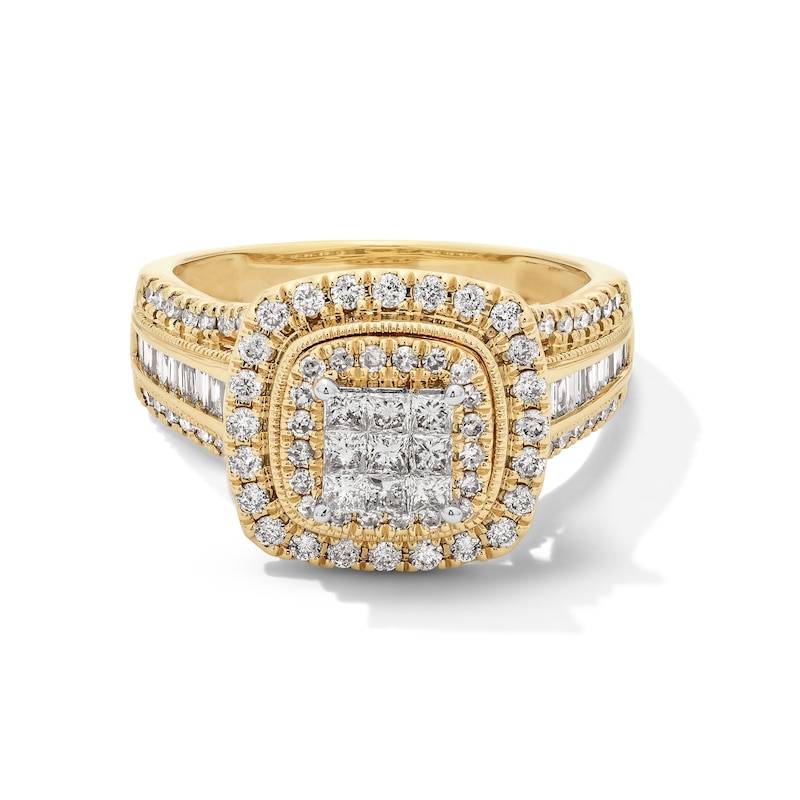 Main Image 1 of 1 CT. T.W. Princess-Cut Multi-Diamond Double Cushion Frame Triple Row Engagement Ring in 10K Gold