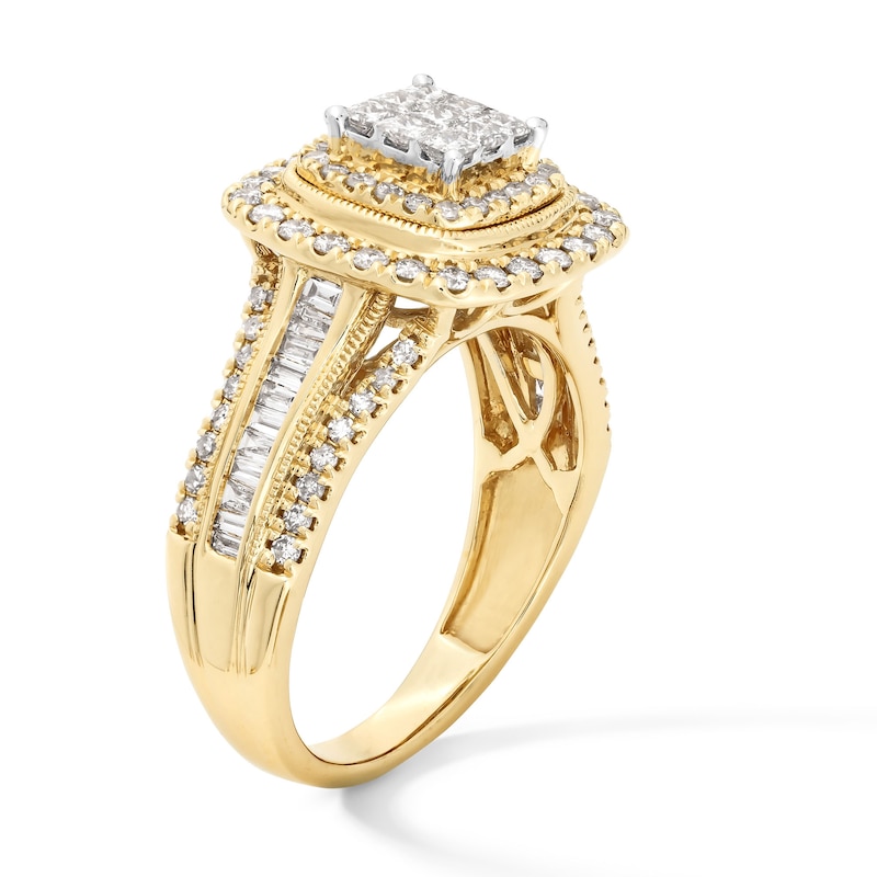 Main Image 2 of 1 CT. T.W. Princess-Cut Multi-Diamond Double Cushion Frame Triple Row Engagement Ring in 10K Gold