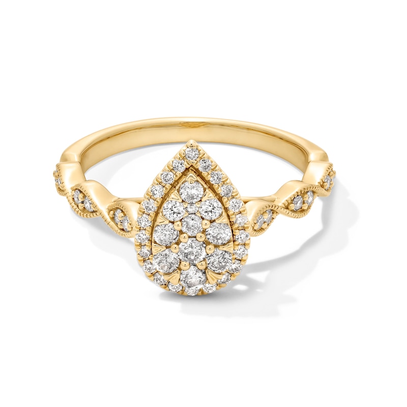 Main Image 1 of 1/2 CT. T.W. Pear-Shaped Multi-Diamond Frame Scallop Shank Vintage-Style Engagement Ring in 10K Gold