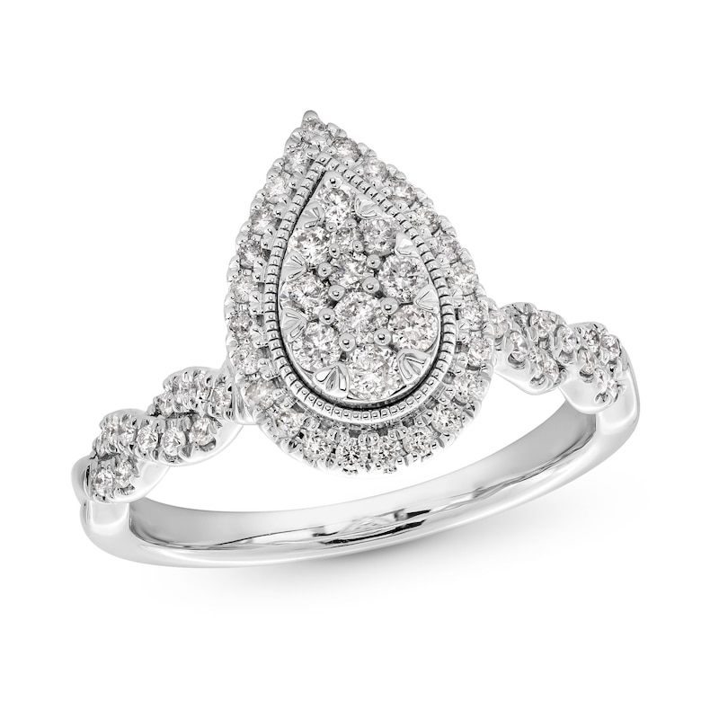 Main Image 1 of 1/2 CT. T.W. Pear-Shaped Multi-Diamond Frame Twist Shank Engagement Ring in 10K White Gold