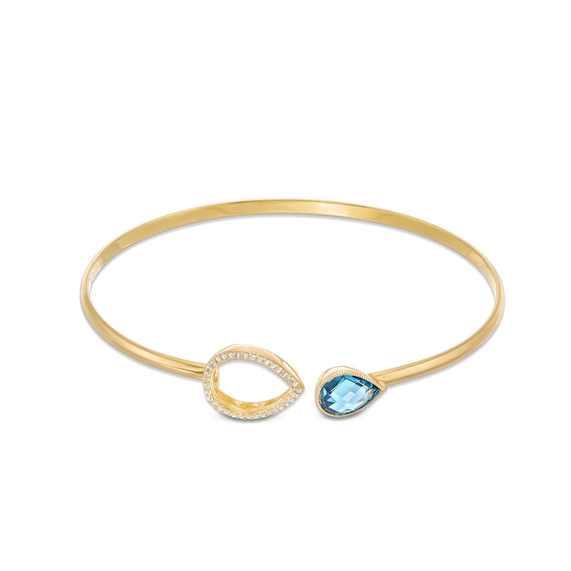 Pear-Shaped London Blue Topaz and White lab-Created Sapphire Frame Bangle in Sterling Silver with 18K Gold Plate - 6.75”