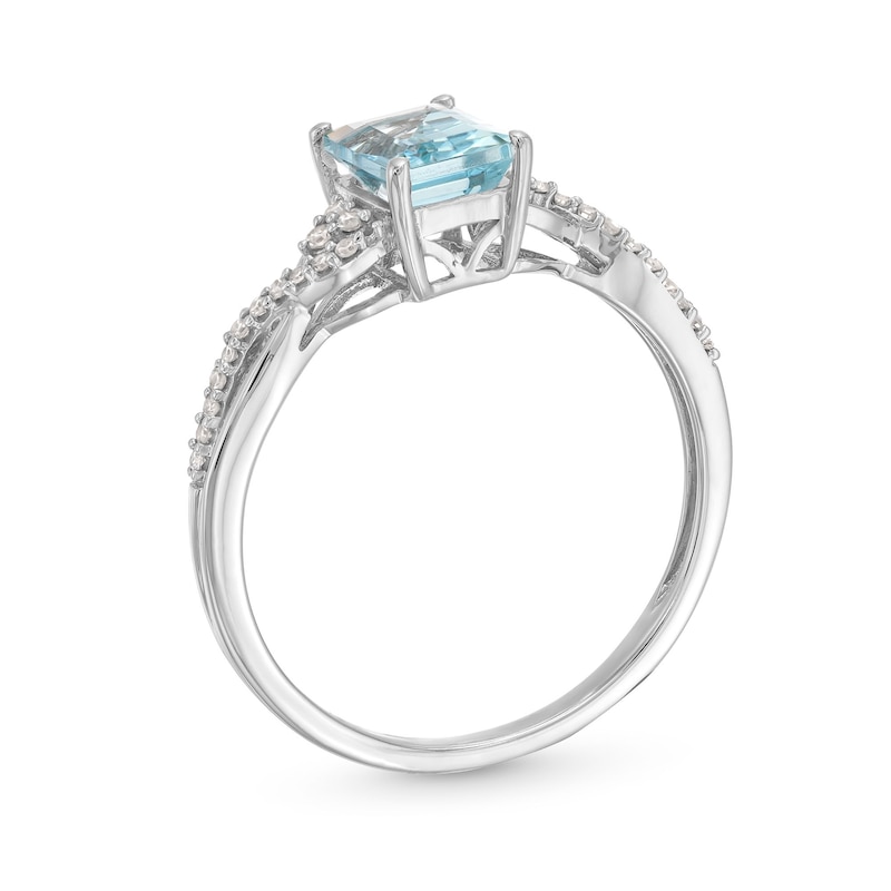 Main Image 3 of Emerald-Cut Aquamarine and 1/10 CT. T.W. Diamond Tri-Sides Crossover Shank Ring in 10K White Gold