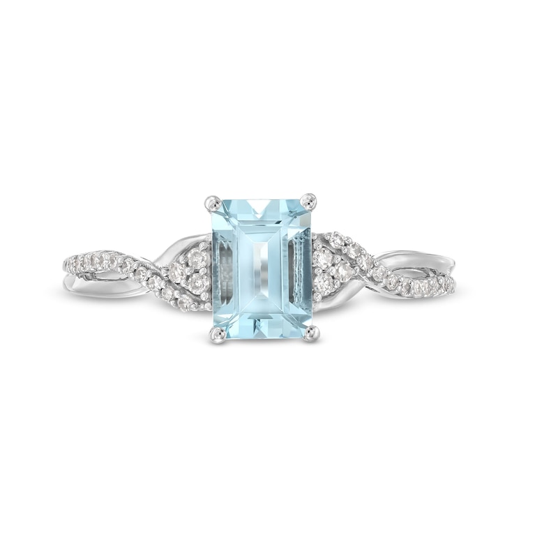 Main Image 4 of Emerald-Cut Aquamarine and 1/10 CT. T.W. Diamond Tri-Sides Crossover Shank Ring in 10K White Gold