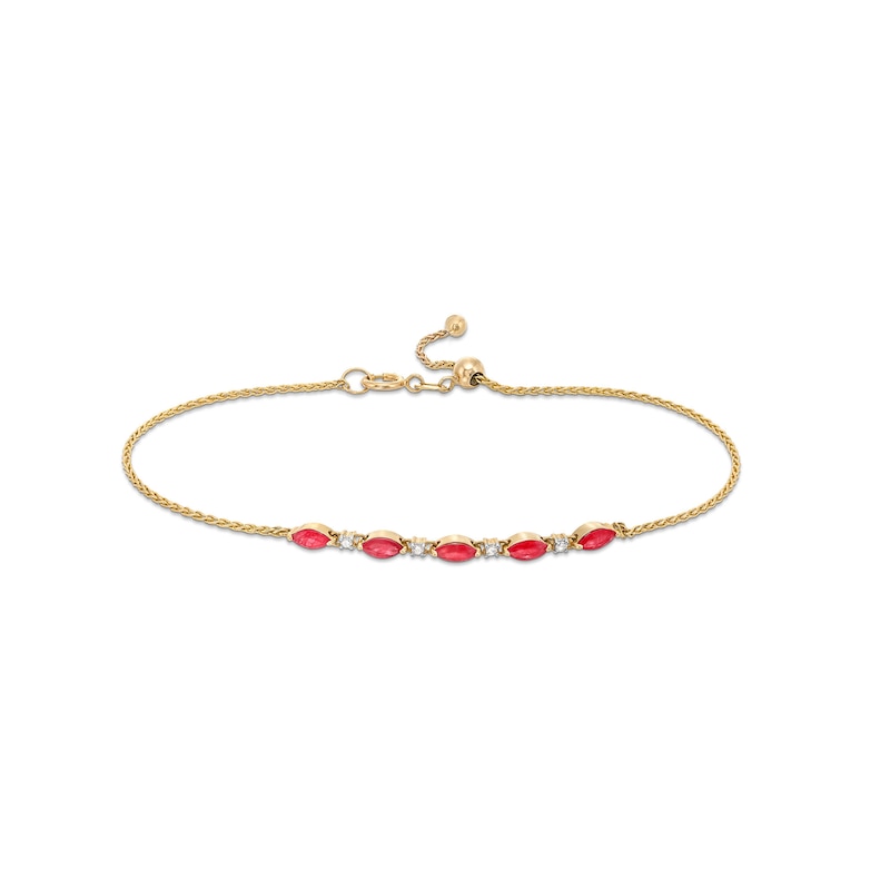 Marquise-Cut Certified Ruby and 1/20 CT. T.W. Diamond Alternating Bolo Bracelet in 10K Gold - 9.0"