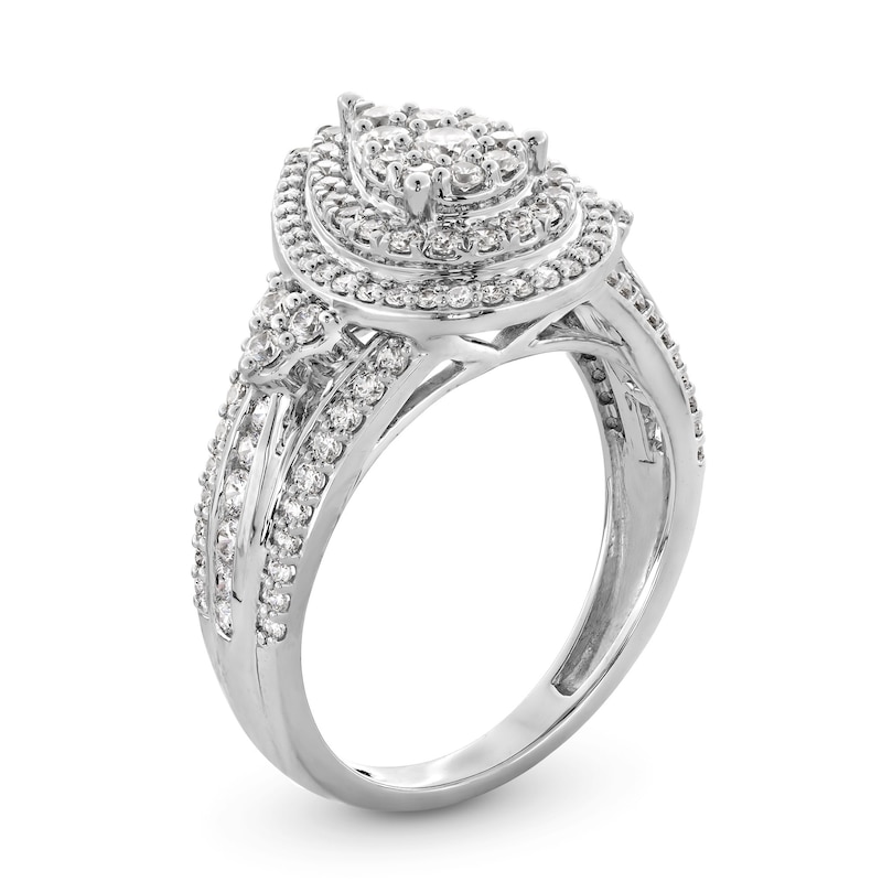 1 CT. T.W. Pear-Shaped Multi-Diamond Double Frame Tri-Sides Split Shank Engagement Ring in 10K White Gold