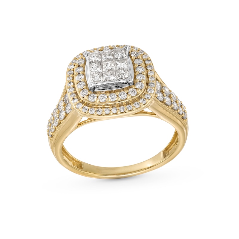 1 CT. T.W. Princess-Cut Multi-Diamond Double Cushion Frame Engagement Ring in 10K Gold