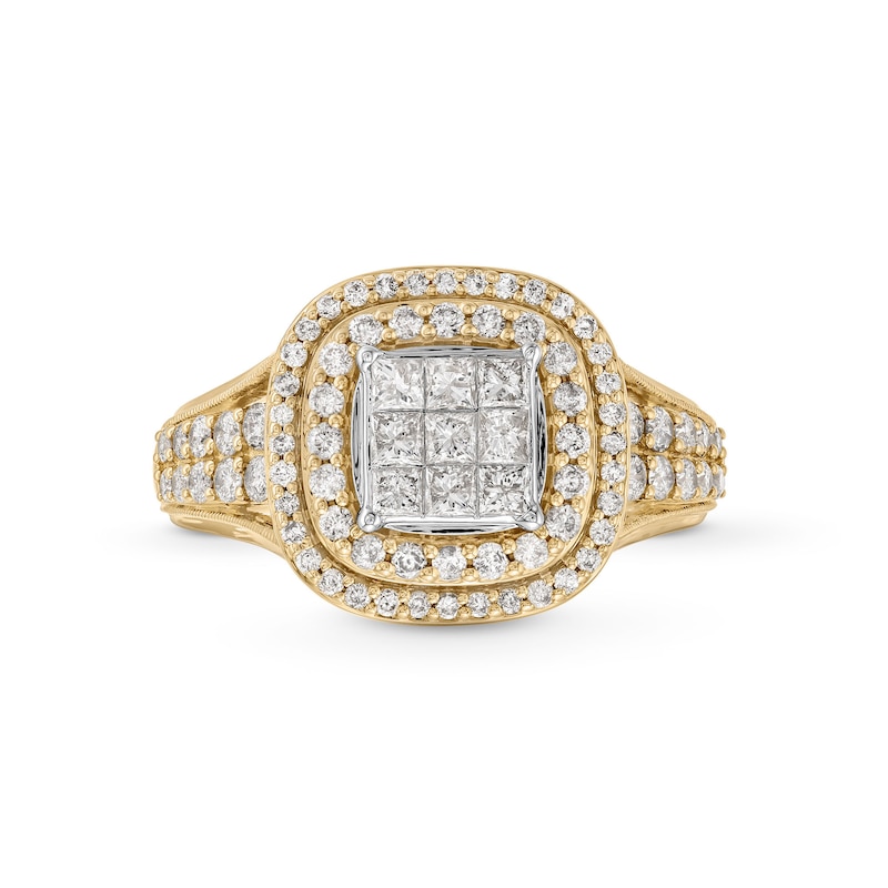 1 CT. T.W. Princess-Cut Multi-Diamond Double Cushion Frame Engagement Ring in 10K Gold