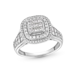 1 CT. T.W. Princess-Cut Multi-Diamond Double Cushion Frame Engagement Ring in 10K White Gold