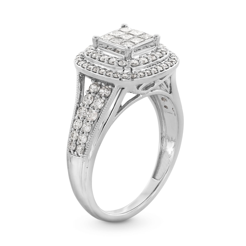 1 CT. T.W. Princess-Cut Multi-Diamond Double Cushion Frame Engagement Ring in 10K White Gold