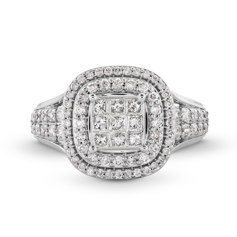 1 CT. T.W. Princess-Cut Multi-Diamond Double Cushion Frame Engagement Ring in 10K White Gold