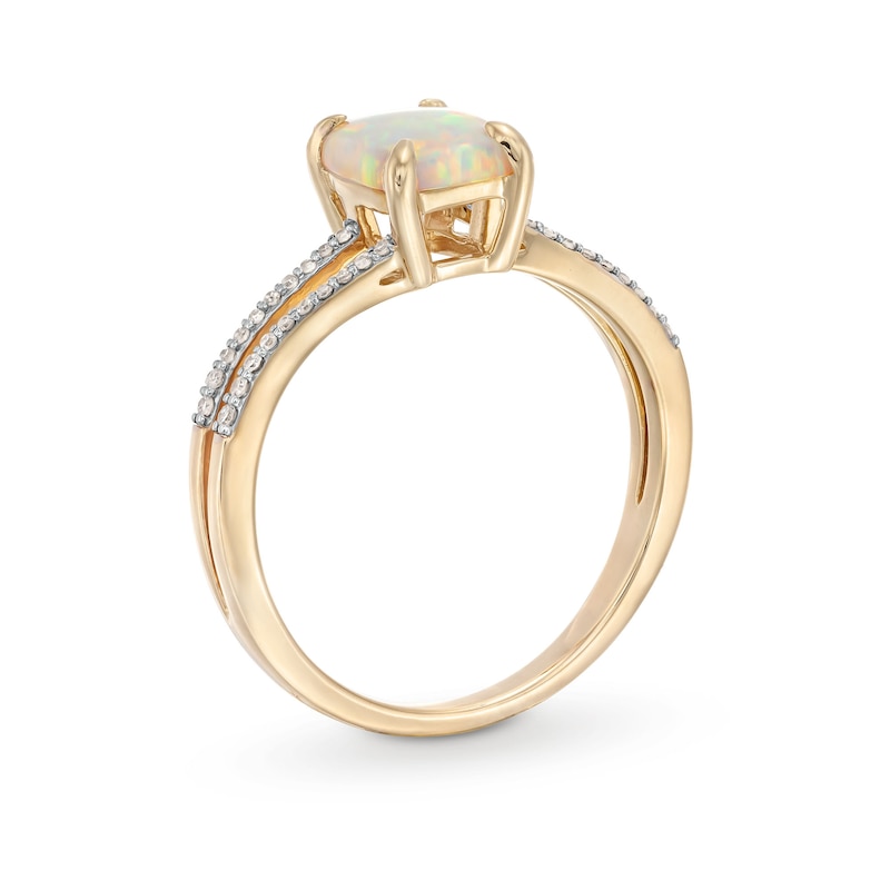 Elongated Cushion-Cut Lab-Created Opal and 1/10 CT. T.W. Diamond Split Shank Ring in 10K Gold