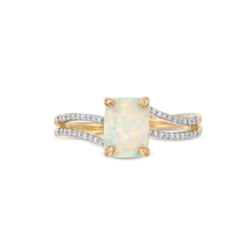 Elongated Cushion-Cut Lab-Created Opal and 1/10 CT. T.W. Diamond Split Shank Ring in 10K Gold