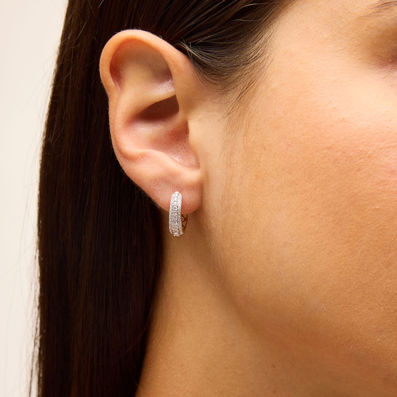 Main Image 2 of 1/2 CT. T.W. Lab-Created Diamond Graduated Triple Row Small Hoop Earrings in Sterling Silver with 10K Gold Plate