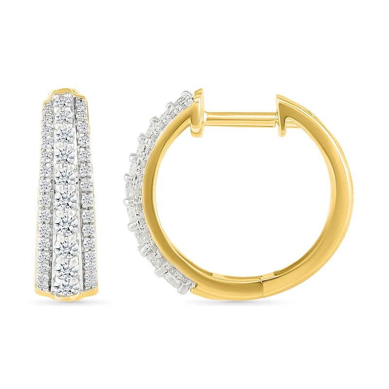 Main Image 3 of 1/2 CT. T.W. Lab-Created Diamond Graduated Triple Row Small Hoop Earrings in Sterling Silver with 10K Gold Plate