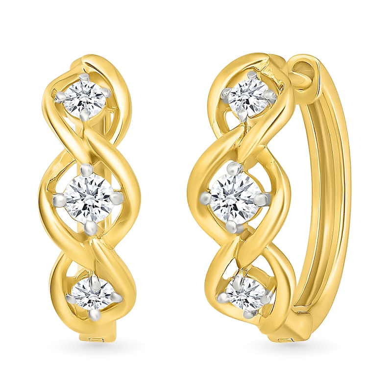 Main Image 1 of 3/8 CT. T.W. Lab-Created Diamond Three Stone Twist Hoop Earrings in Sterling Silver with 10K Gold Plate