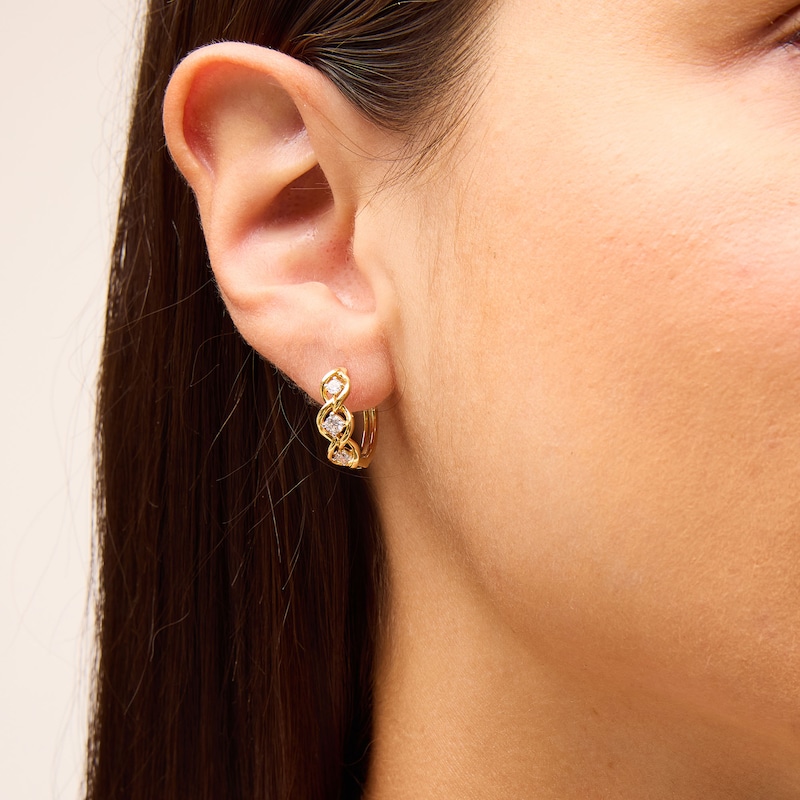 Main Image 2 of 3/8 CT. T.W. Lab-Created Diamond Three Stone Twist Hoop Earrings in Sterling Silver with 10K Gold Plate