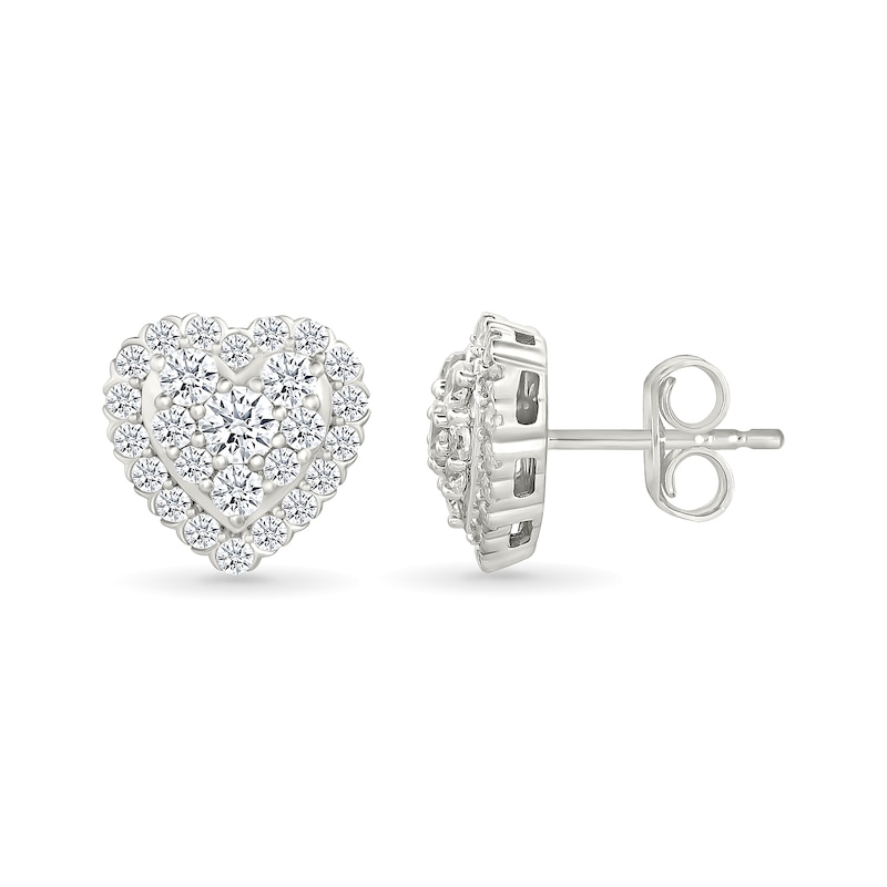 Main Image 3 of 1 CT. T.W. Heart-Shaped Lab-Created Multi-Diamond Frame Stud Earrings in Sterling Silver