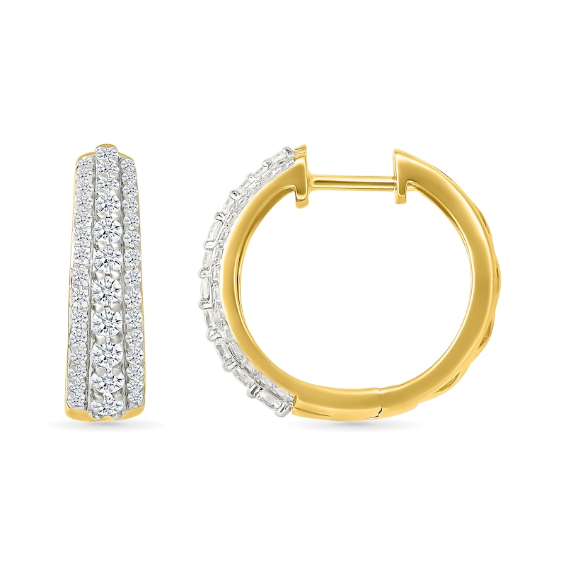 Main Image 3 of 1 CT. T.W. Lab-Created Diamond Graduated Triple Row Hoop Earrings in Sterling Silver with 10K Gold Plate