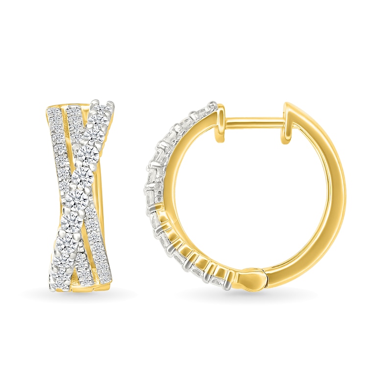 Main Image 3 of 1 CT. T.W. Lab-Created Diamond Triple Row Crossover Hoop Earrings in Sterling Silver with 10K Gold Plate