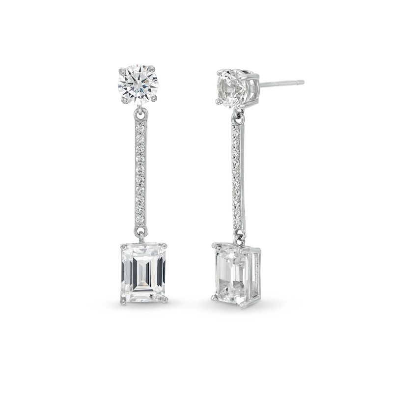 Main Image 1 of Emerald-Cut and Round White Lab-Created Sapphire Linear Bar Drop Earrings in Sterling Silver