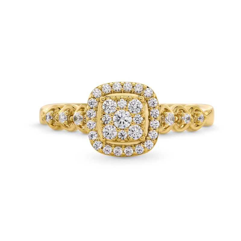 1/3 CT. T.W. Cushion-Shaped Multi-Diamond Frame Heart Shank Engagement Ring in 10K Gold