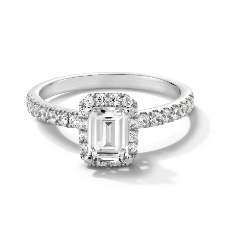 Main Image 1 of 1-1/3 CT. T.W. Emerald-Cut Certified Lab-Created Diamond Frame Engagement Ring in 10K White Gold (F/SI2)