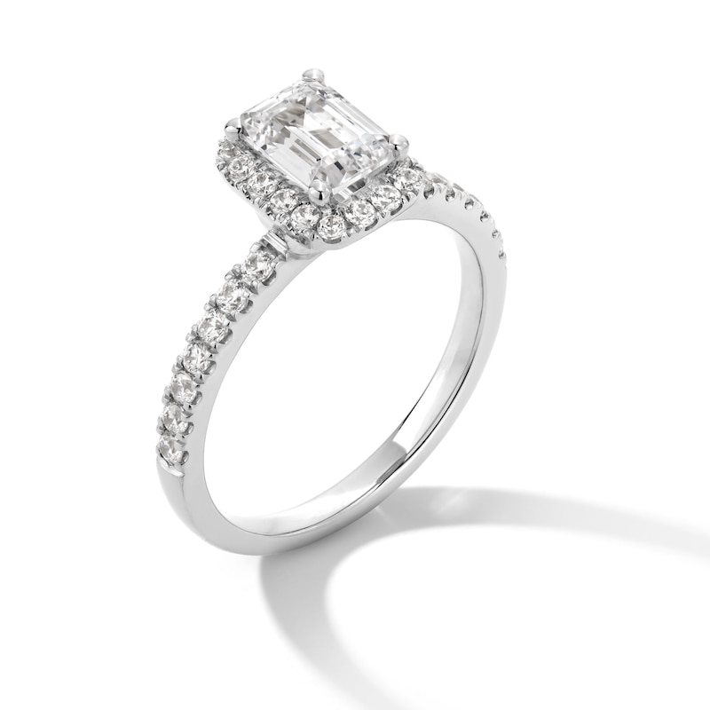 Main Image 2 of 1-1/3 CT. T.W. Emerald-Cut Certified Lab-Created Diamond Frame Engagement Ring in 10K White Gold (F/SI2)