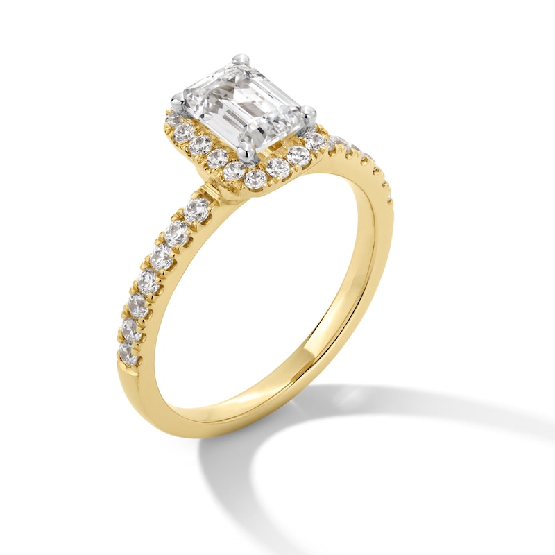 Main Image 2 of 1-1/3 CT. T.W. Emerald-Cut Certified Lab-Created Diamond Frame Engagement Ring in 10K Gold (F/SI2)