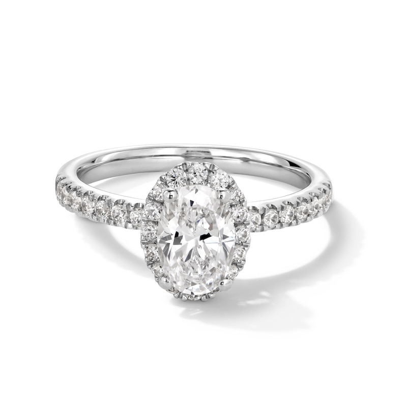 Main Image 1 of 1-1/3 CT. T.W. Oval Certified Lab-Created Diamond Frame Engagement Ring in 10K White Gold (F/SI2)