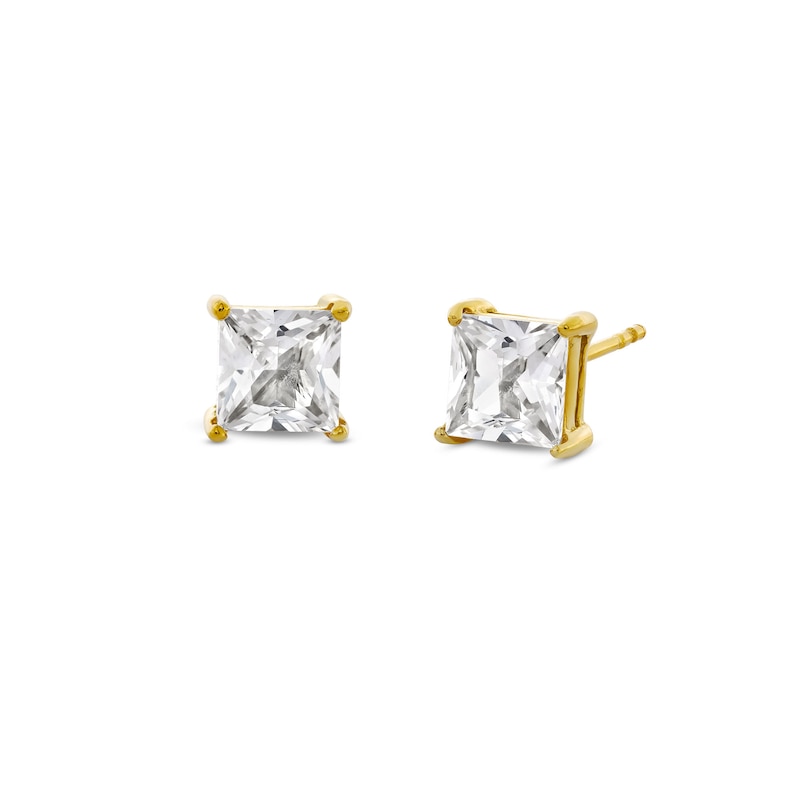 6.0mm Square-Cut White Lab-Created Sapphire Solitaire Stud Earrings in Stainless Steel with Yellow Ion Plate