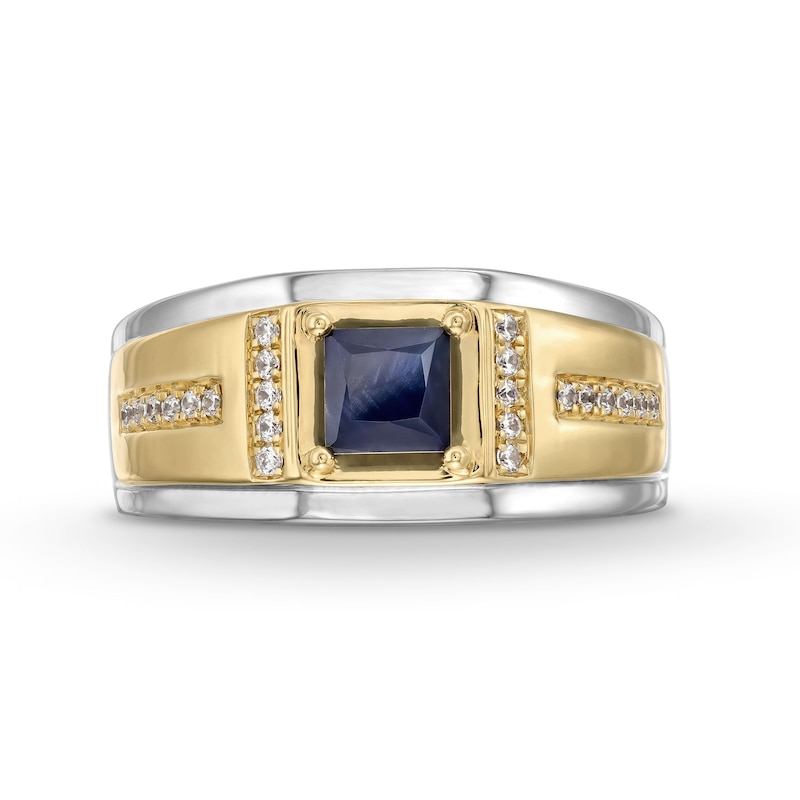 Main Image 4 of 5.0mm Square-Cut Blue Sapphire and 1/8 CT. T.W. Diamond Ring in 10K Two-Tone Gold