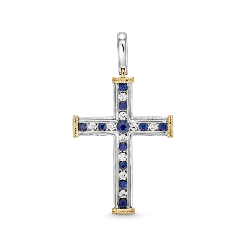 Main Image 1 of Blue Sapphire and 1/2 CT. T.W. Diamond Alternating Cross Necklace Charm in 10K Two-Tone Gold