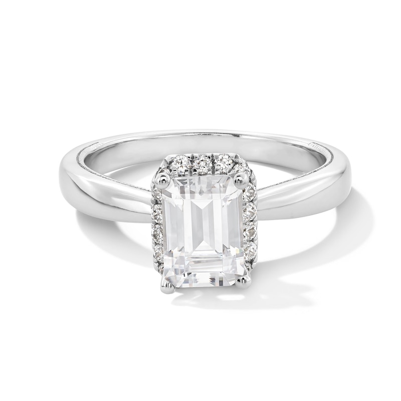 Main Image 1 of 1-3/4 CT. T.W. Emerald-Cut Certified Lab-Created Diamond Frame Engagement Ring in 14K White Gold (F/VS2)