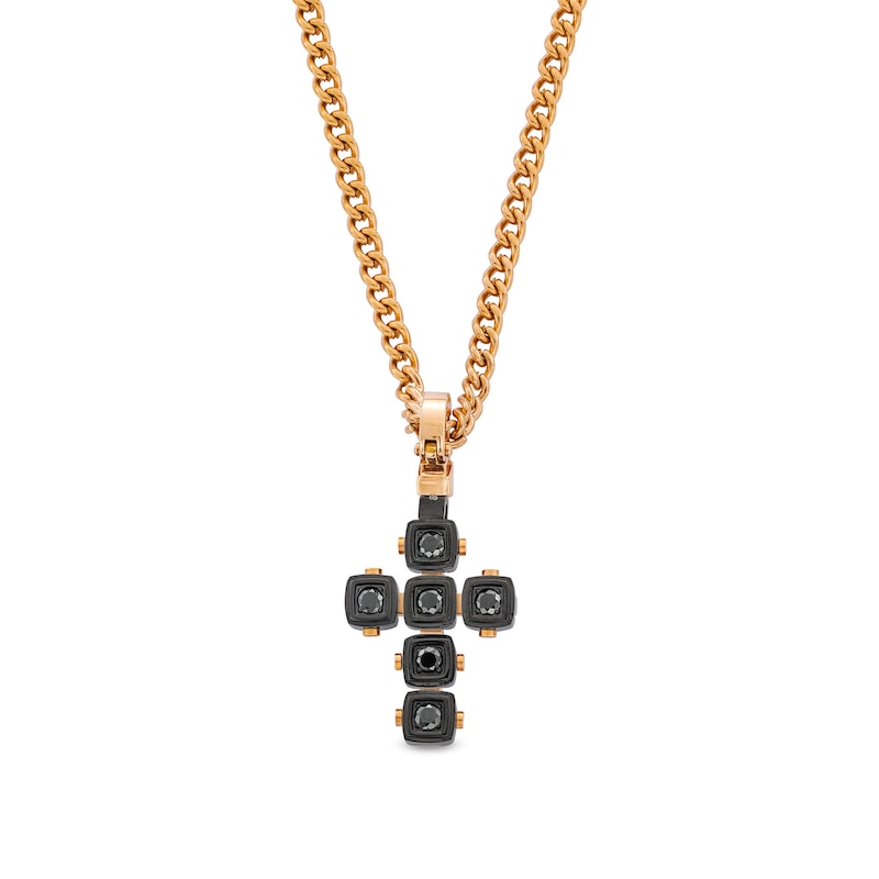 Main Image 1 of Black Spinel Cushion Frame Riveted Cross Pendant in Stainless Steel with Black and Rose Ion Plate - 24&quot;