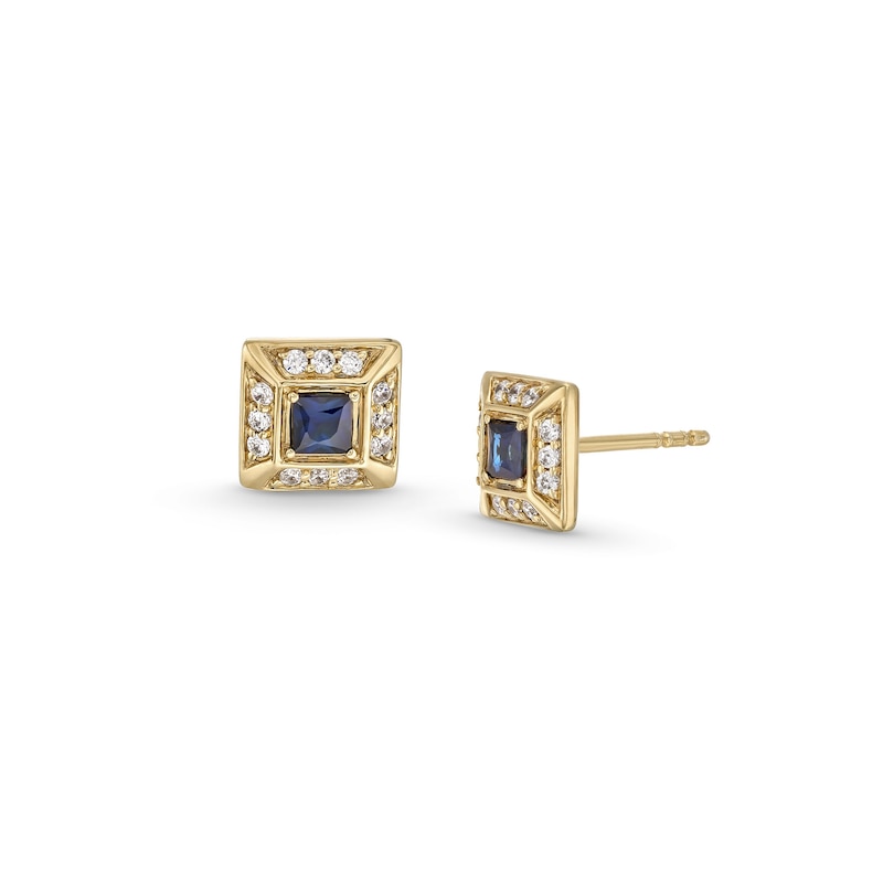 Main Image 1 of Square-Cut Blue Sapphire and 1/6 CT. T.W. Diamond Frame Stud Earrings in 10K Gold