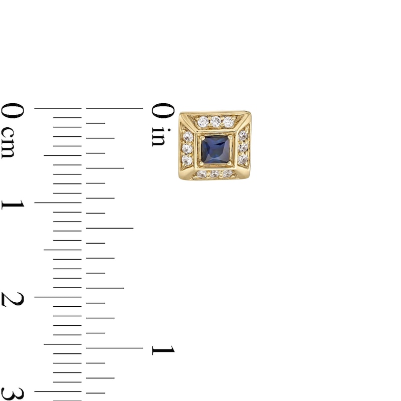 Main Image 3 of Square-Cut Blue Sapphire and 1/6 CT. T.W. Diamond Frame Stud Earrings in 10K Gold