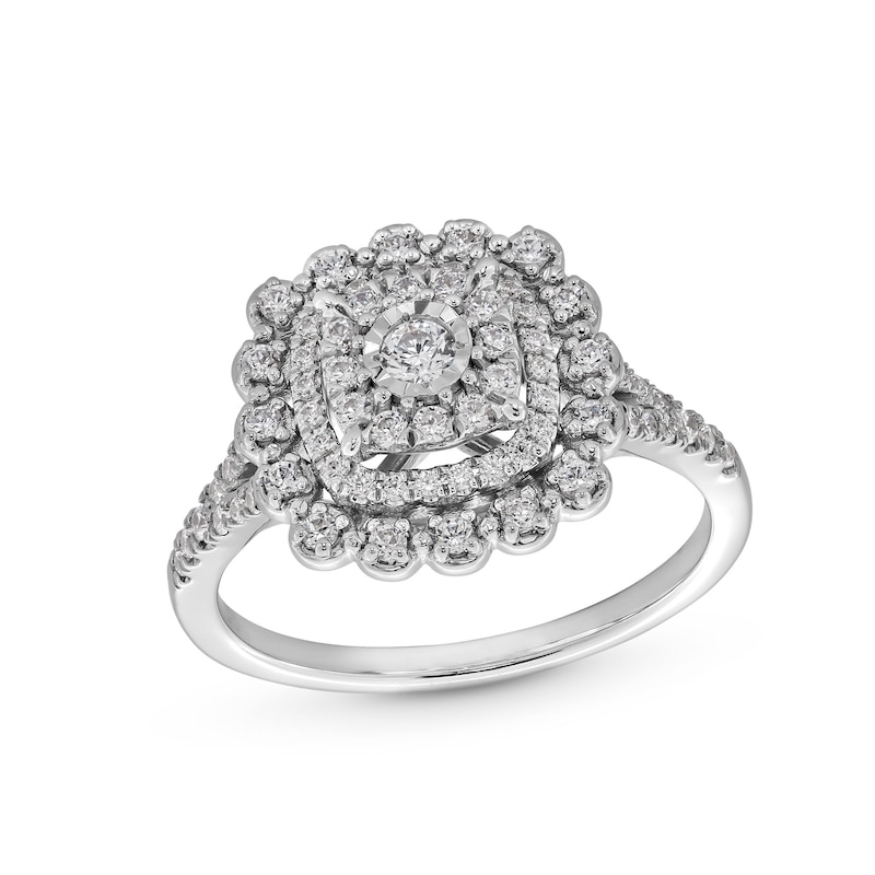 1/2 CT. T.W. Cushion-Shaped Multi-Diamond Double Flower Frame Split Shank Engagement Ring in 10K White Gold