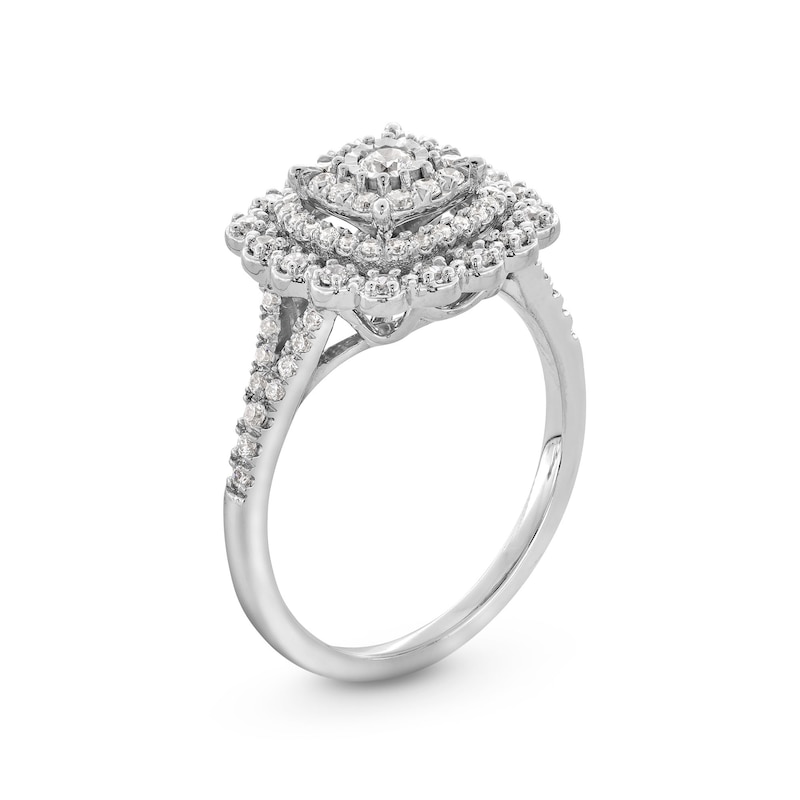 1/2 CT. T.W. Cushion-Shaped Multi-Diamond Double Flower Frame Split Shank Engagement Ring in 10K White Gold