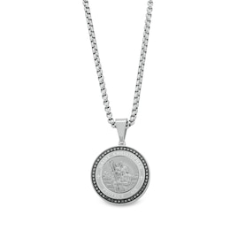 1/4 CT. T.W. Black Diamond Frame Saint Christopher Protect Us Medal Pendant in Stainless Steel - 24&quot;