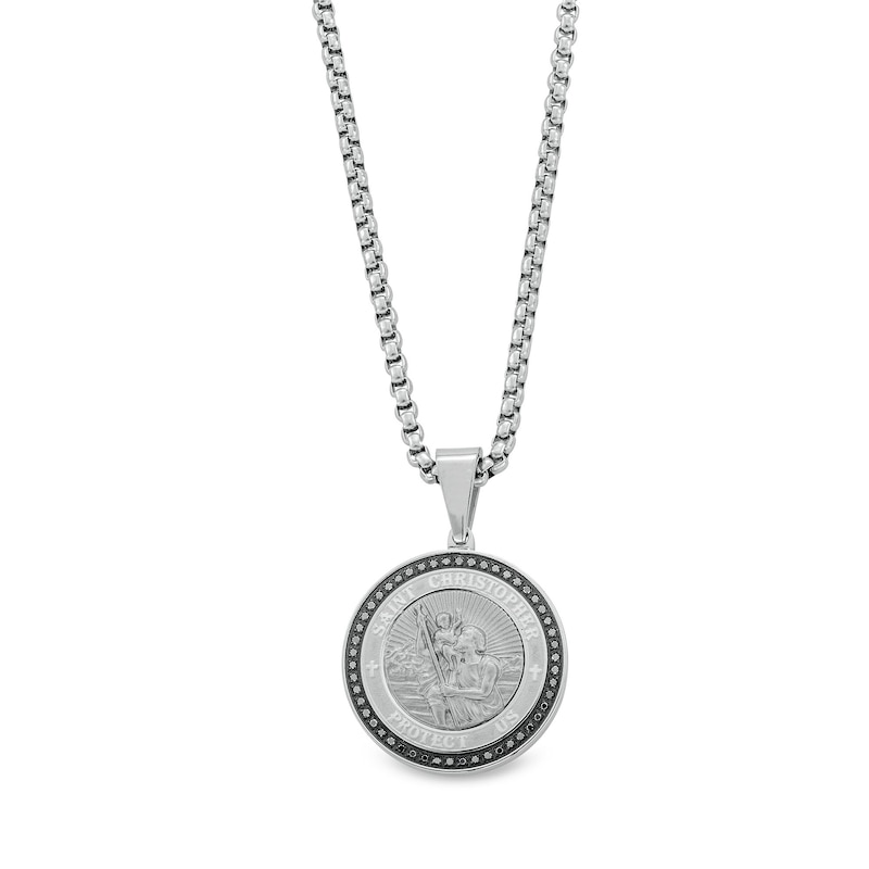 Main Image 1 of 1/4 CT. T.W. Black Diamond Frame Saint Christopher Protect Us Medal Pendant in Stainless Steel - 24&quot;