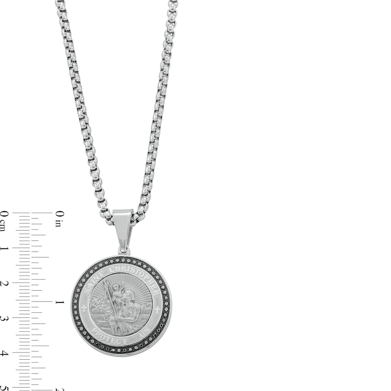 Main Image 3 of 1/4 CT. T.W. Black Diamond Frame Saint Christopher Protect Us Medal Pendant in Stainless Steel - 24&quot;